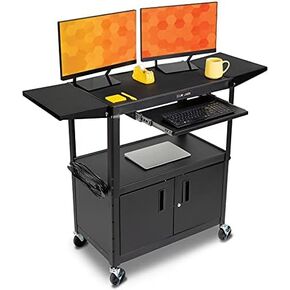 Line Leader Large AV Cart with Locking Cabinet & Drop Leaves, Rolling Height Adjustable Utility Cart with Pullout Laptop Keyboard Tray & Cord Management, Narrow Mobile Workstation (Black, 54 x 18)