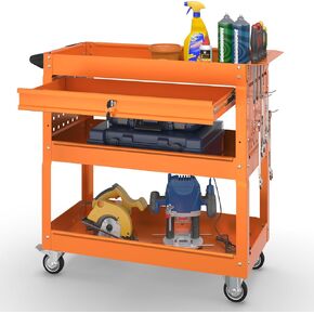 3 Tier Rolling Tool Cart on Wheels with Locking Drawer - Metal Service Cart Industrial Utility Cart for Mechanic - 350 LBS Mobile Storage Organizer for Garage, (Blue)