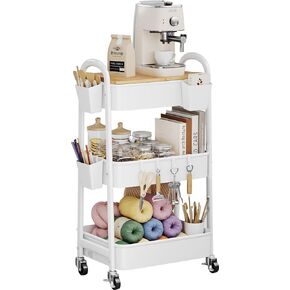 3 Tier Rolling Cart with Wheels & Wood Table Top, Art Cart Organizer on Wheels with 3 Cups & 4 Hooks, White Utility Teacher Carts, Laundry Storage Carts for Kitchen, Salon, Lash, Hair, Cleaning Supply