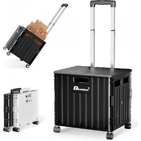 Folding Utility Cart, Protable Rolling Crate with Telescoping Handle ＆ 4 Rotate Wheels ＆ Small Storage Box, Heavy Duty Foldable Utility cart with Wheels for Travel/Shopping/Luggage/Office - White