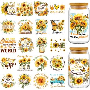 Britimes UV DTF Cup Wraps 20 Sheets Sunflower Rub on Transfers for Crafts, Inspirational Quote Transfer Stickers Decals for DIY Home Decor Scrapbook Mason Jars Cards Wood Projects 3.2 x 3.2 Inch