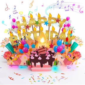 Lupow 3D Pop Up Musical Birthday Card with Lights & Blowable LED Light Candle – Interactive Singing Happy Postcards Greeting Cards Birthday Gifts Decorations for Women, Men, Mom, Wife, Husband, Boy, Girl