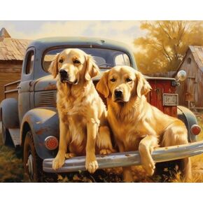 Generic Truck Golden Retriever Cross Stitch Kits for Beginners Stamped Cross-Stitch Supplies Needlework DIY 11CT 3 Strands Cotton Thread Printed DIY Needlepoint Kits 50×40cm (YP165)