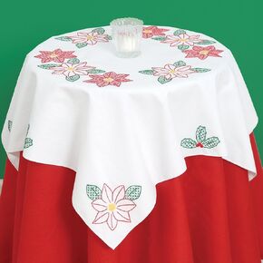 Jack Dempsey Stamped White Perle Edge Table Topper, 35-Inch by 35-Inch, Poinsettias