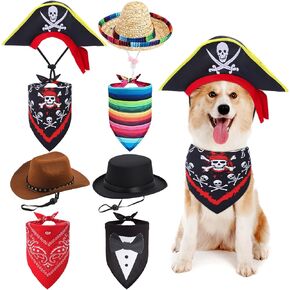 Eccliy 8 PCS الكلب ملحقات زي الرسمية الكلب Tuxedo Bandana Cowboy Pet Pirate Hat Mexican Sombrero Hat for Fiesta Wedding Halloween Outfit Excessories Photo Prop Party Supplies