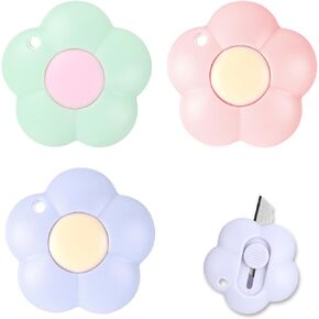 3Pcs Cute Retractable Box Cutters, Mini Flower Box Cutter Pocket Box Cutters Small Art Letter Cutter Opener Slide Open with Keychain Hole for Office Home Letters Envelopes Cartons Packages