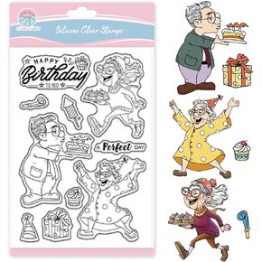 Globleland Funny Cartoon Birthday Smart Clear Clear for Scrapbooking Cartoon Grandmother and Grandpa Silicone Stamps Gift Cake Stamprent Smart for Card Making Diy Journaling Journaling