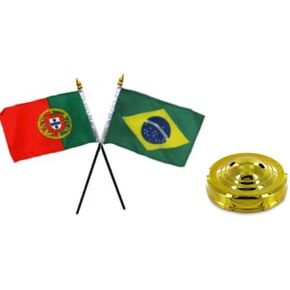 Moon Portugal & Brazil Brazilian Flags 4''x6'' Desk Set Table Gold Base - Vivid Color and UV Fade Resistant - Prime Outside Garden Home Decor
