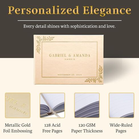 Promot Personalized Wedding Guest Book - Elegant Hardcover Guestbook for Wedding Reception, Bridal and Baby Shower, Birthday, Wedding Books Guests to Sign, Custom Embossed Text with Gold Metallic Foil in Saudi Arabia