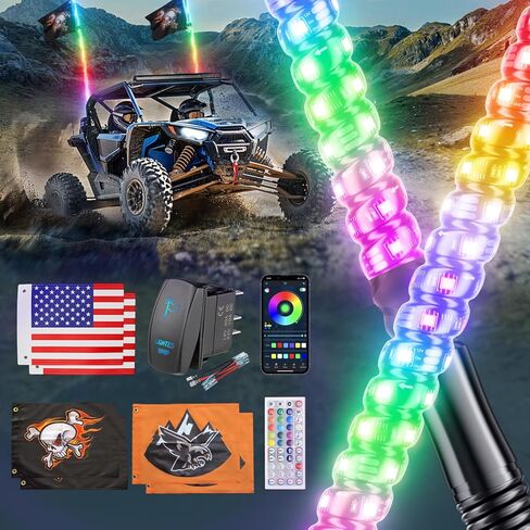 أضواء سوط LED بطول 2 قدم لمركبة UTV مع جهاز تحكم عن بعد لاسلكي، هوائي سوط مضاء بإضاءة RGB بنسبة 200% لشاحنة RZR SXS Can-Am Offroad Polaris - قطعة واحدة in Kuwait