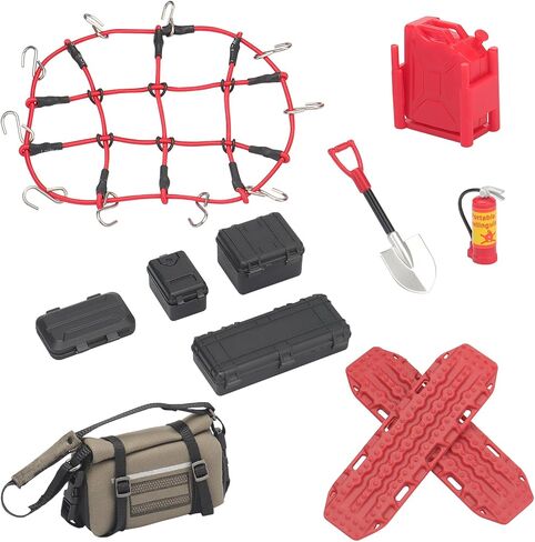 daitoku 1/24 & 1/18 Car Roof Decoration RC Crawler Accessories Luggage Net ARB Bags Recovery Boards Luggage Box Fire Fuel Tanks Extinguisher Shovel Wood Box for 1/18 TRX4M 1/24 Axial SCX24 (Red) in Kuwait