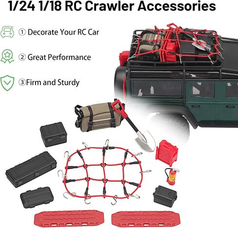 daitoku 1/24 & 1/18 Car Roof Decoration RC Crawler Accessories Luggage Net ARB Bags Recovery Boards Luggage Box Fire Fuel Tanks Extinguisher Shovel Wood Box for 1/18 TRX4M 1/24 Axial SCX24 (Red) in Kuwait