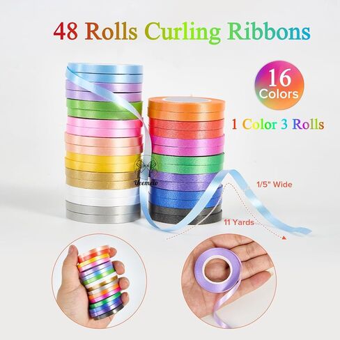 48 Rolls Curling Ribbon Balloon Curling Ribbons Set, Veemeio 16 Colors 3/16 Inch x 11 Yards Ribbons Bows for DIY Decor Crafts Gift Wrapping Party Festival Flower Florist in Saudi Arabia