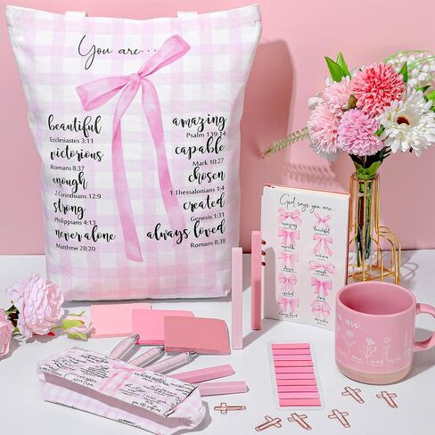 25 Pcs Bible Journaling Kit Ceramic Mug Canvas Bag Leather Notebook Highlighter Pen Pouch Sticky Notes Paper Clip Study Supplies Christian Gift for Women Teacher VBS(Green,Bible Verse) in Saudi Arabia