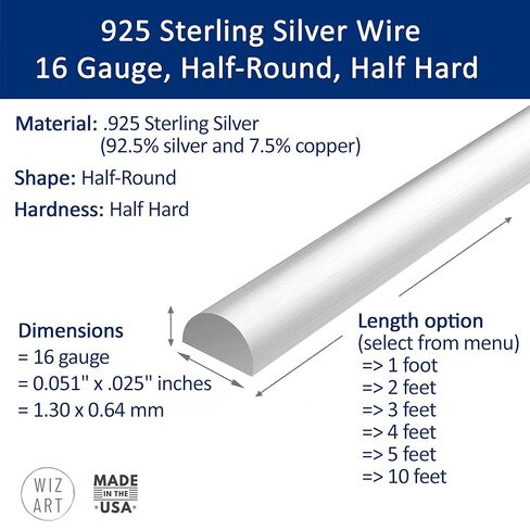 16 مقياس ، نصف الجولة ، نصف صلبة ، 925 سلك الفضة الاسترليني - 1 قدم - لفن المجوهرات من Wizart in Kuwait