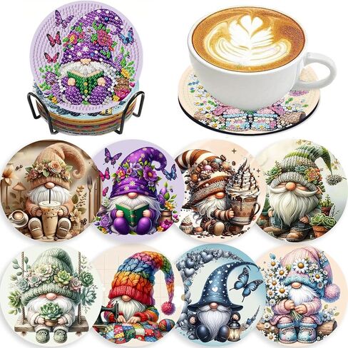 8 PCS GNOME Diamond Art Coasters-Gnomes Diamond Painting Coasters مجموعات مع Holder ، DIY Gnome Coasters مع قواعد الفلين للمبتدئين في البالغين كهدية ديكورز in Kuwait