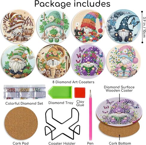 8 PCS GNOME Diamond Art Coasters-Gnomes Diamond Painting Coasters مجموعات مع Holder ، DIY Gnome Coasters مع قواعد الفلين للمبتدئين في البالغين كهدية ديكورز in Kuwait