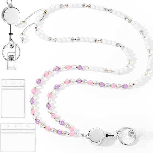 BESARME Retractable Lanyards for ID Badges Cute Teacher Lanyard with ID Holder Natural Stone Beaded Lanyard for Women（Texture Black） in Saudi Arabia