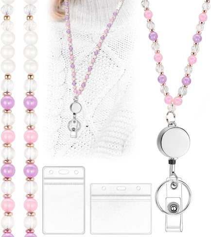 BESARME Retractable Lanyards for ID Badges Cute Teacher Lanyard with ID Holder Natural Stone Beaded Lanyard for Women（Texture Black） in Saudi Arabia