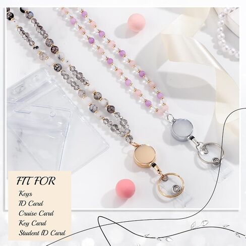 BESARME Retractable Lanyards for ID Badges Cute Teacher Lanyard with ID Holder Natural Stone Beaded Lanyard for Women（Texture Black） in Saudi Arabia