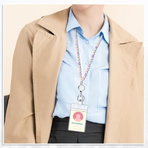 BESARME Retractable Lanyards for ID Badges Cute Teacher Lanyard with ID Holder Natural Stone Beaded Lanyard for Women（Texture Black） in Saudi Arabia