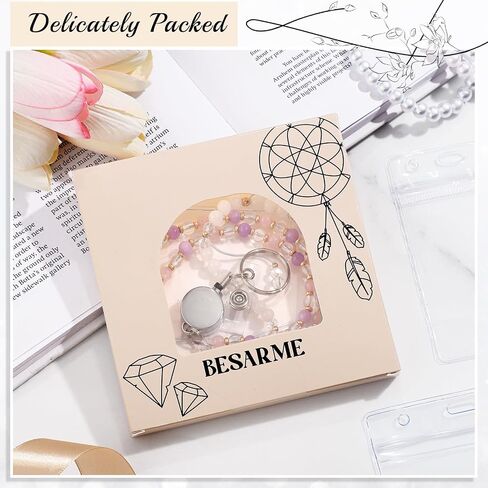 BESARME Retractable Lanyards for ID Badges Cute Teacher Lanyard with ID Holder Natural Stone Beaded Lanyard for Women（Texture Black） in Saudi Arabia