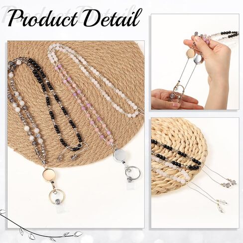 BESARME Retractable Lanyards for ID Badges Cute Teacher Lanyard with ID Holder Natural Stone Beaded Lanyard for Women（Texture Black） in Saudi Arabia