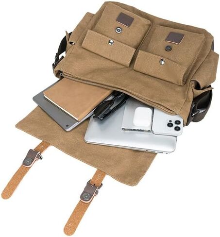Vintage Canvas Messenger Bag, 15.6 Inch Laptop Crossbody Satchel with Multi-Pocket and Adjustable Shoulder Strap in Saudi Arabia