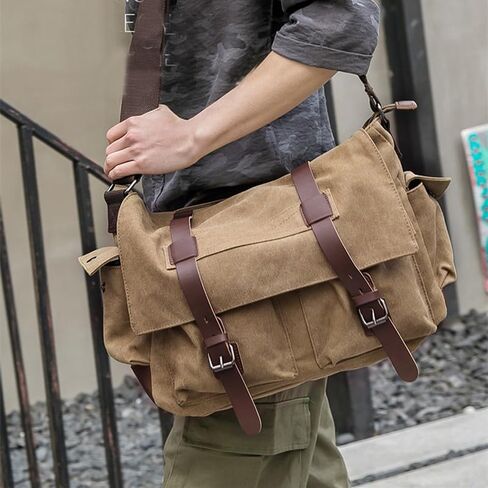 Vintage Canvas Messenger Bag, 15.6 Inch Laptop Crossbody Satchel with Multi-Pocket and Adjustable Shoulder Strap in Saudi Arabia