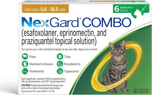 NexGard® Combo (esafoxolaner, eprinomectin, and praziquantel Topical Solution) Flea and Tick Protection Plus Heartworm Disease Preventive for Cats, 5.6-16.5 lbs. (Yellow Box) 6 Doses (6 Month Supply) in Saudi Arabia