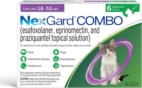 NexGard® Combo (esafoxolaner, eprinomectin, and praziquantel Topical Solution) Flea and Tick Protection Plus Heartworm Disease Preventive for Cats, 5.6-16.5 lbs. (Yellow Box) 6 Doses (6 Month Supply) in Saudi Arabia