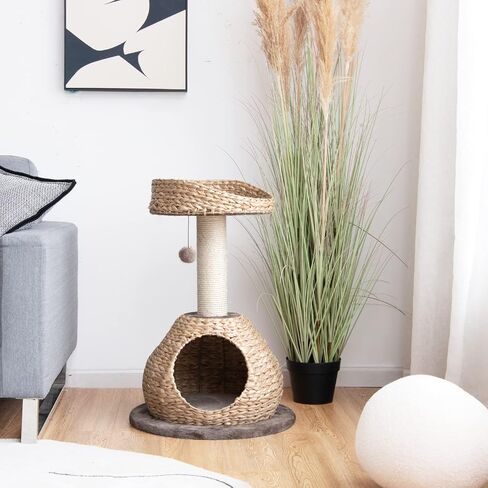 Tangkula Modern Cat Tree for Indoor Cats, Small/Tall Cat Tower with Natural Sisal Scratching Post, Hand-Made Wicker Cat Condo & Top Perch, Funny Hanging Toy Ball, Cute Cat Tree Tower for Large Cats in Saudi Arabia