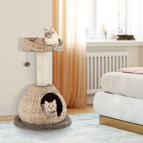 Tangkula Modern Cat Tree for Indoor Cats, Small/Tall Cat Tower with Natural Sisal Scratching Post, Hand-Made Wicker Cat Condo & Top Perch, Funny Hanging Toy Ball, Cute Cat Tree Tower for Large Cats in Saudi Arabia