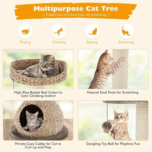 Tangkula Modern Cat Tree for Indoor Cats, Small/Tall Cat Tower with Natural Sisal Scratching Post, Hand-Made Wicker Cat Condo & Top Perch, Funny Hanging Toy Ball, Cute Cat Tree Tower for Large Cats in Saudi Arabia