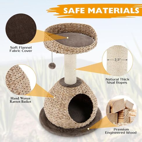 Tangkula Modern Cat Tree for Indoor Cats, Small/Tall Cat Tower with Natural Sisal Scratching Post, Hand-Made Wicker Cat Condo & Top Perch, Funny Hanging Toy Ball, Cute Cat Tree Tower for Large Cats in Saudi Arabia