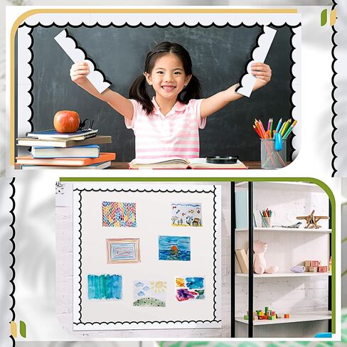 Leinuosen 50.5 ft Bulletin Board Borders 44 Pcs Black and White Wave Line Scalloped Border Trims with 20 Sheet Glue Point Dots Back to School Decoration for Home Classroom School Office Decor(Black) in Saudi Arabia