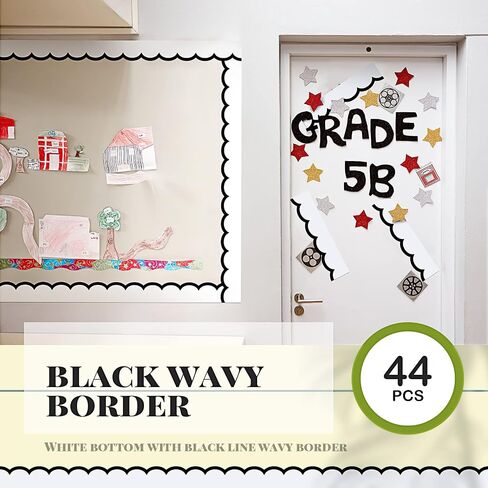Leinuosen 50.5 ft Bulletin Board Borders 44 Pcs Black and White Wave Line Scalloped Border Trims with 20 Sheet Glue Point Dots Back to School Decoration for Home Classroom School Office Decor(Black) in Saudi Arabia