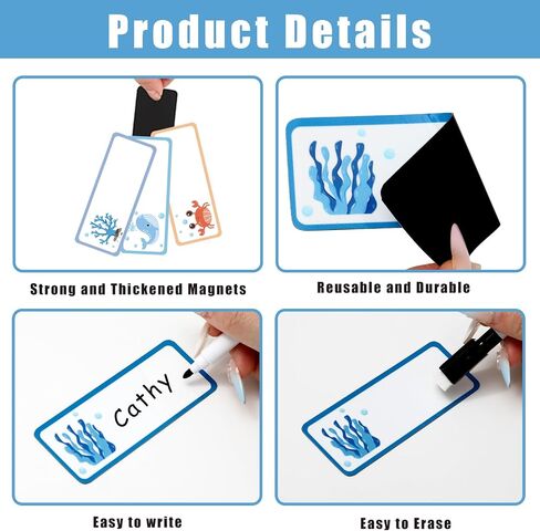 50Pcs Under The Sea Magnetic Name Tags with Dry Erase Marker Pen Sea Themed Name Plates Ocean Animal Reusable Labels for Back to School Home Office Classroom Whiteboard Locker Shelf in Saudi Arabia