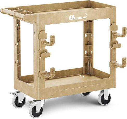 Utility Cart with Max 850Lbs Capacity, 34" x 17" Heavy Duty Rolling Utility Cart, 2 Side Hooks, 360° Swivel Wheels (2 with Brakes), 2 Tier Service Cart for Warehouse/Garage/Garden - Wood Color in Saudi Arabia