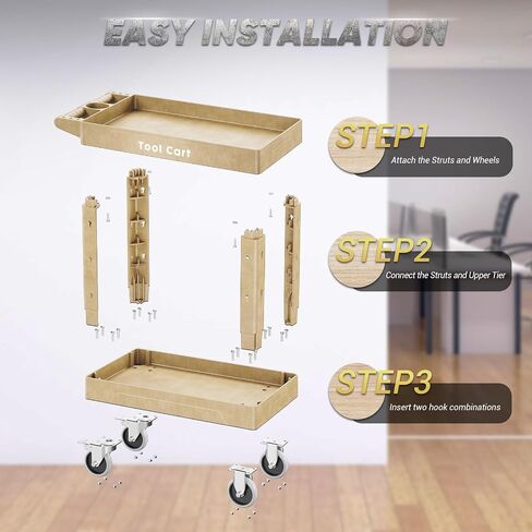 Utility Cart with Max 850Lbs Capacity, 34" x 17" Heavy Duty Rolling Utility Cart, 2 Side Hooks, 360° Swivel Wheels (2 with Brakes), 2 Tier Service Cart for Warehouse/Garage/Garden - Wood Color in Saudi Arabia