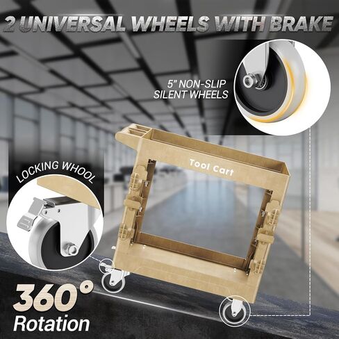 Utility Cart with Max 850Lbs Capacity, 34" x 17" Heavy Duty Rolling Utility Cart, 2 Side Hooks, 360° Swivel Wheels (2 with Brakes), 2 Tier Service Cart for Warehouse/Garage/Garden - Wood Color in Saudi Arabia