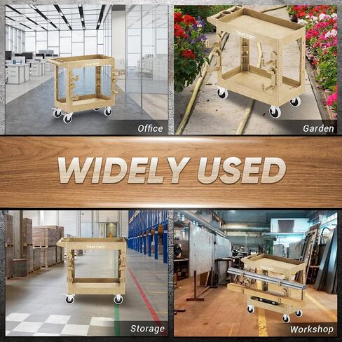 Utility Cart with Max 850Lbs Capacity, 34" x 17" Heavy Duty Rolling Utility Cart, 2 Side Hooks, 360° Swivel Wheels (2 with Brakes), 2 Tier Service Cart for Warehouse/Garage/Garden - Wood Color in Saudi Arabia
