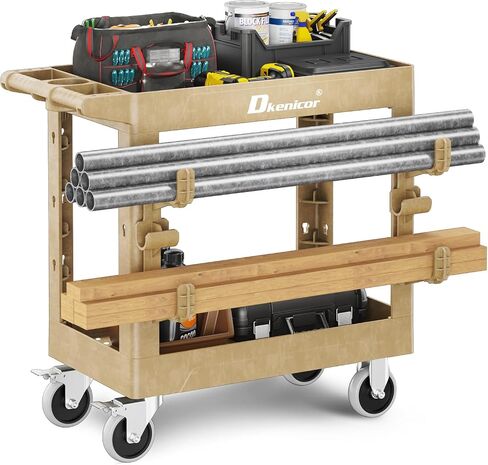 Utility Cart with Max 850Lbs Capacity, 34" x 17" Heavy Duty Rolling Utility Cart, 2 Side Hooks, 360° Swivel Wheels (2 with Brakes), 2 Tier Service Cart for Warehouse/Garage/Garden - Wood Color in Saudi Arabia