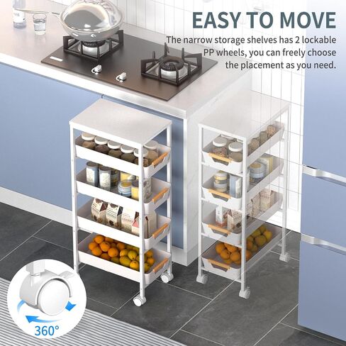 5 Tier Slim Rolling Utility Cart with Drawers Pull-Out Design Slim Storage Cart with Metal Frame and Wooden Top for Narrow Space in Home Kitchen Bathroom Black (Width 9.5 Inches) in Saudi Arabia