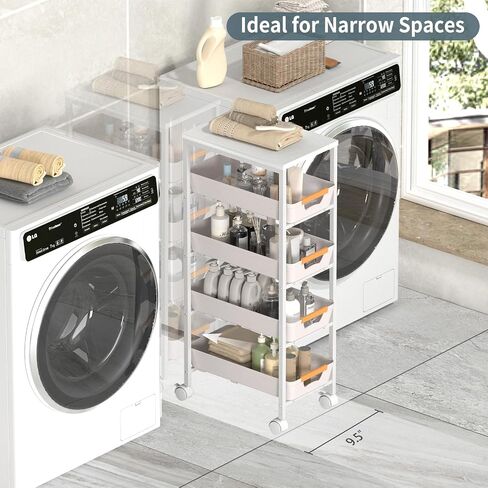 5 Tier Slim Rolling Utility Cart with Drawers Pull-Out Design Slim Storage Cart with Metal Frame and Wooden Top for Narrow Space in Home Kitchen Bathroom Black (Width 9.5 Inches) in Saudi Arabia