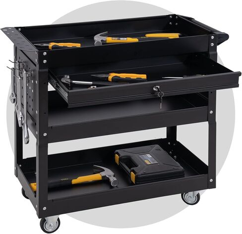 3-Tier Rolling Tool Cart with Drawers & Pegboard - Heavy Duty Utility Cart on Wheels, 440 LBS Capacity, Mechanic Work Cart for Garage, Warehouse (Black) in Saudi Arabia