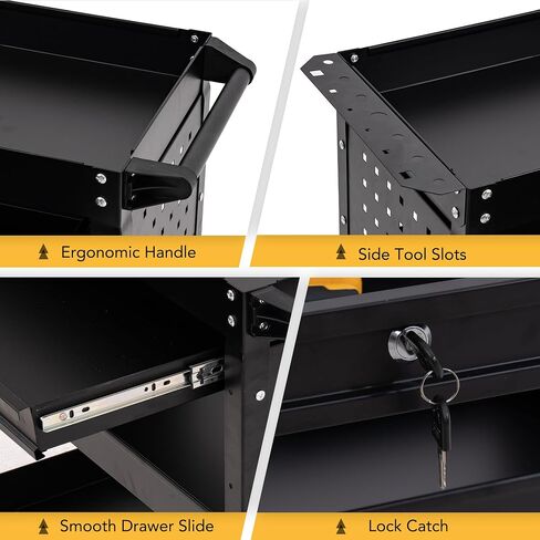 3-Tier Rolling Tool Cart with Drawers & Pegboard - Heavy Duty Utility Cart on Wheels, 440 LBS Capacity, Mechanic Work Cart for Garage, Warehouse (Black) in Saudi Arabia