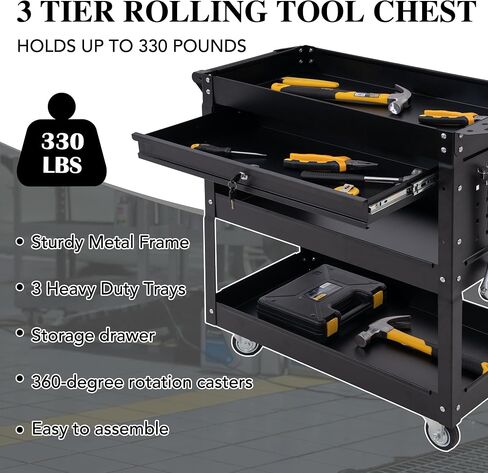 3-Tier Rolling Tool Cart with Drawers & Pegboard - Heavy Duty Utility Cart on Wheels, 440 LBS Capacity, Mechanic Work Cart for Garage, Warehouse (Black) in Saudi Arabia