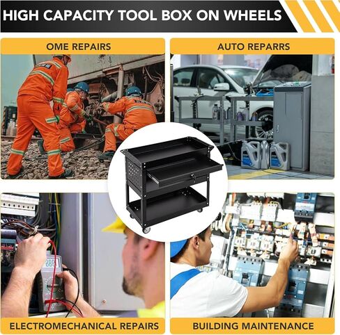 3-Tier Rolling Tool Cart with Drawers & Pegboard - Heavy Duty Utility Cart on Wheels, 440 LBS Capacity, Mechanic Work Cart for Garage, Warehouse (Black) in Saudi Arabia