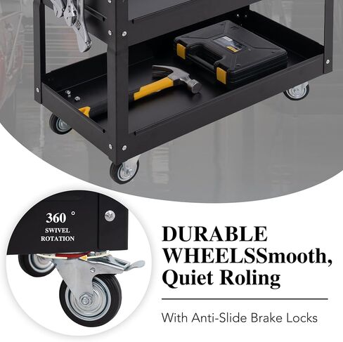 3-Tier Rolling Tool Cart with Drawers & Pegboard - Heavy Duty Utility Cart on Wheels, 440 LBS Capacity, Mechanic Work Cart for Garage, Warehouse (Black) in Saudi Arabia